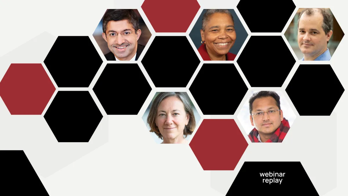 Graphic image of black and red hexagons where some feature photos of the Harvard representatives featured in the webinar replay