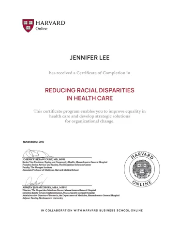 Reducing Racial Disparities in Health Care Sample Certificate