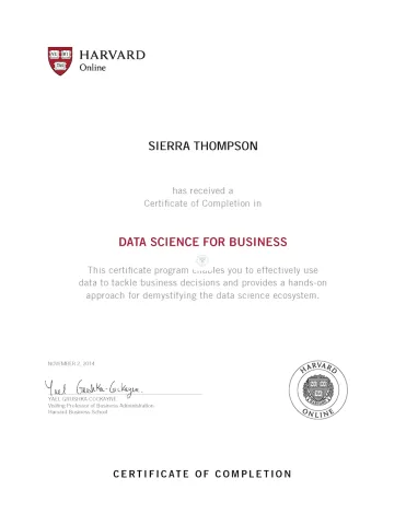 Data Science for Business Sample Certificate