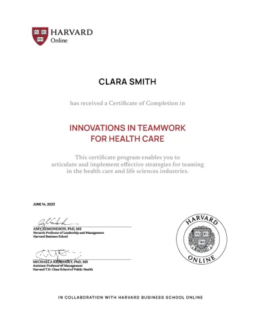 Innovations in Teamwork for Health Care Certificate Sample