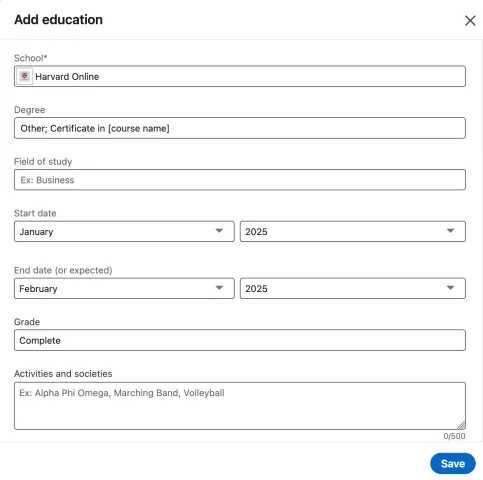 Screenshot of LinkedIn Education Section
