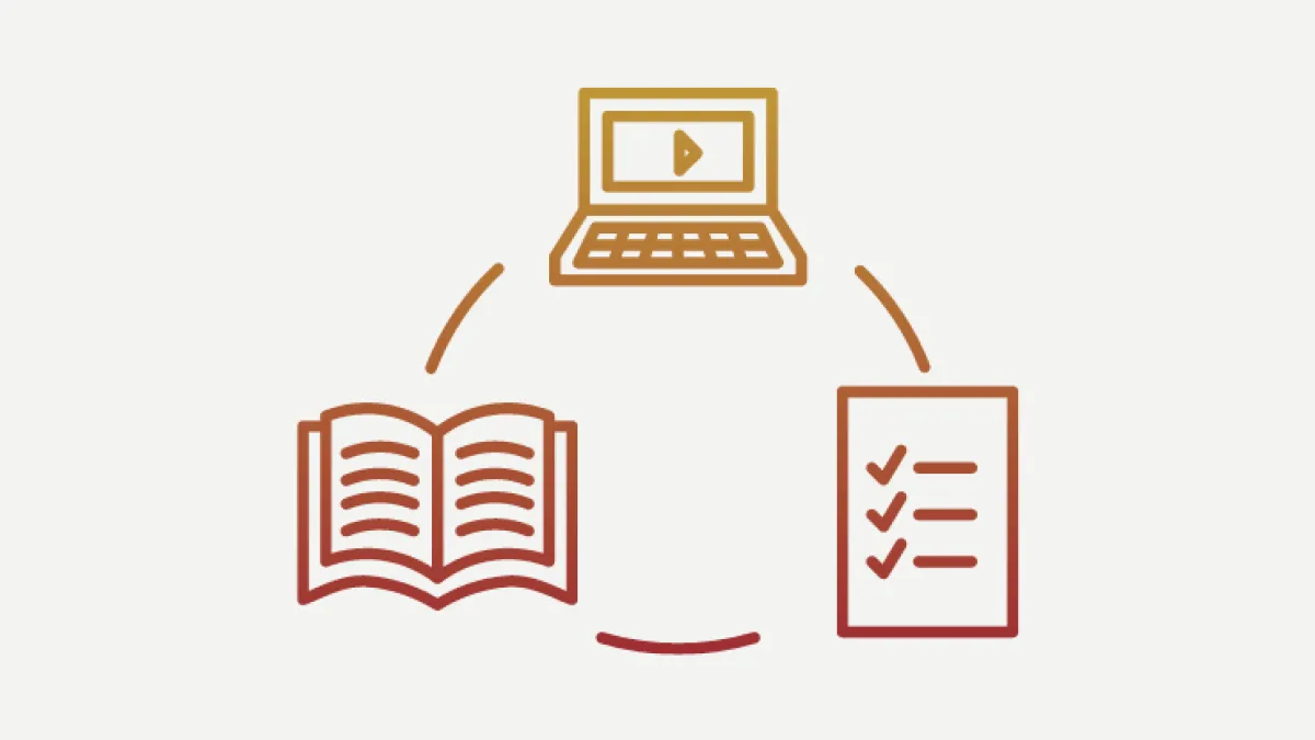 Graphic image of laptop, open book, and a checklist in a circle formation