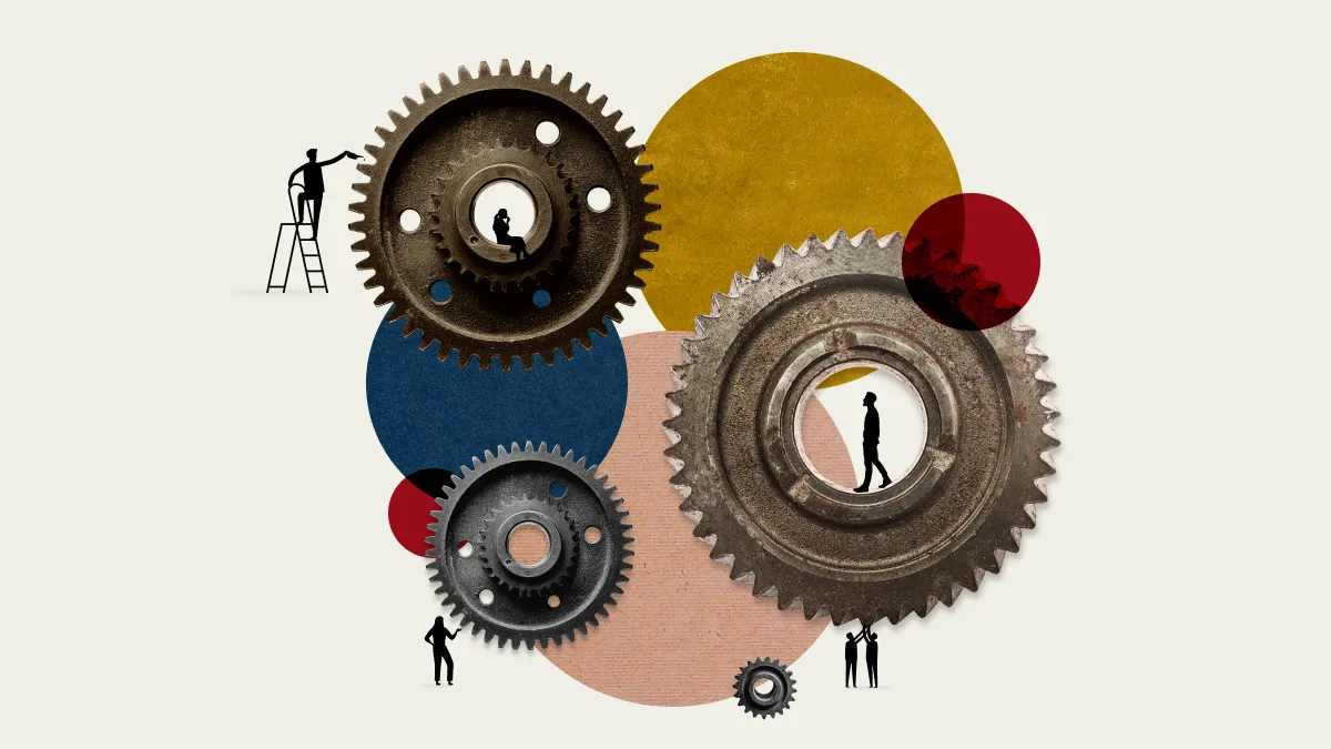 Graphic image of gears with silhouettes of people working in and around them.