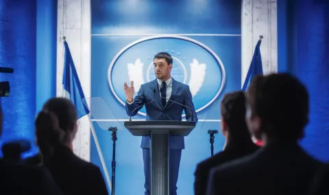 Image of a man standing at a podium in front of a blue background giving a speech to the press