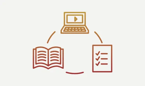 Graphic image of laptop, open book, and a checklist in a circle formation