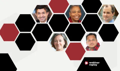 Graphic image of hexagons in a pattern with photos of webinar participants in the hexagon shapes