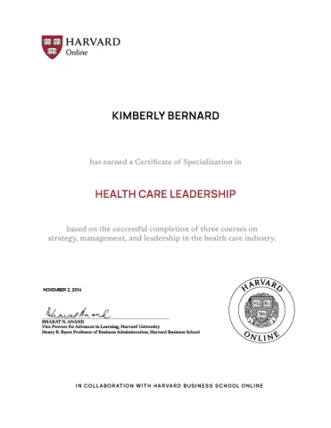 Sample of a Harvard Online Certificate of Specialization