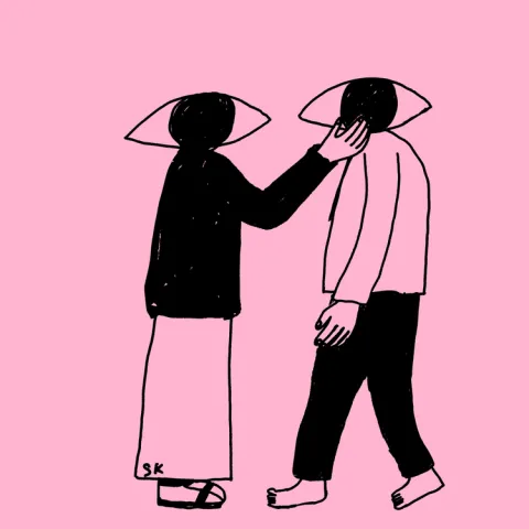 Illustration of two human-like bodies with giant eyes as heads against a pink background