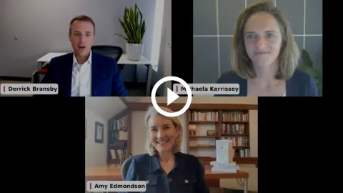 screenshot of zoom webinar window featuring Amy Edmondson, Derrick Bransby, and Michaela Kerrisset