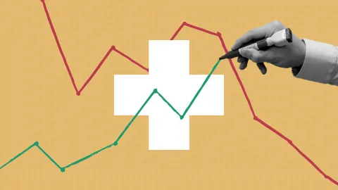 Graphic image of a health care cross overlayed with a hand drawing line charts across the graphic