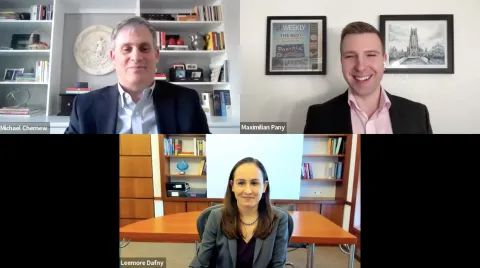 Screenshot of Zoom webinar featuring Professors Dafny and Chernew and moderator Max Many.