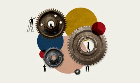 Illustration of gears with silhouetted people walking, climbing, and collaborating—set against colorful overlapping circles, symbolizing teamwork, learning, and organizational transformation.