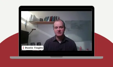 Dustin Tingley discusses modern data analysis trends in a Harvard Online webinar screenshot.