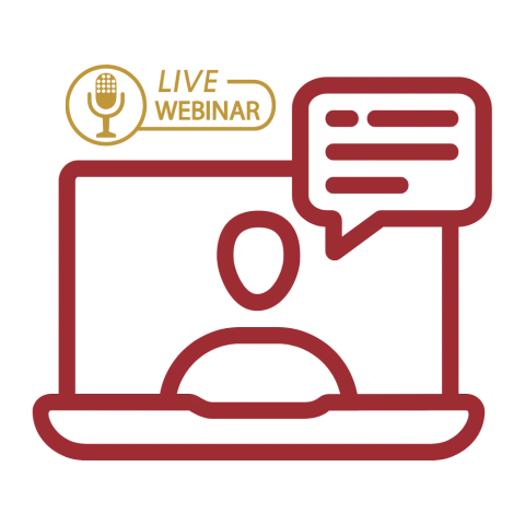 Icon of a live webinar. A stylized crimson red outline of a person on a laptop screen with a speech bubble, indicating a virtual presentation or discussion. In the top left corner, there's a gold microphone icon with the words “LIVE WEBINAR” next to it.